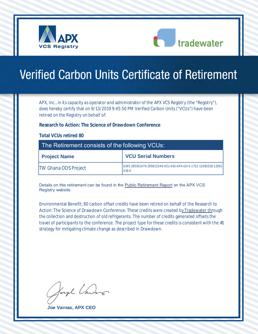 80 Verified Carbon Units have been retired on behalf of Research to Action: The Science of Drawdown Conference.